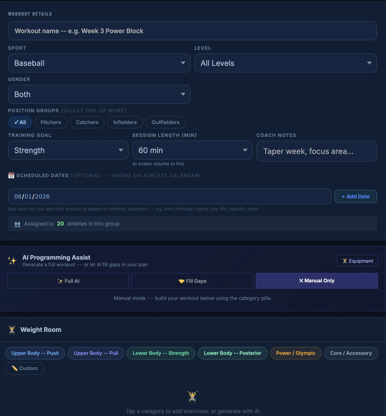 Weight room programming builder with AI assist